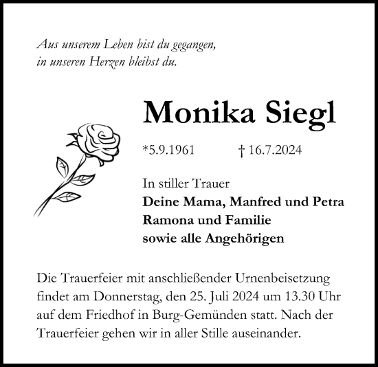 Traueranzeige von Monika Siegl von Alsfelder Allgemeine, Oberhessische Zeitung