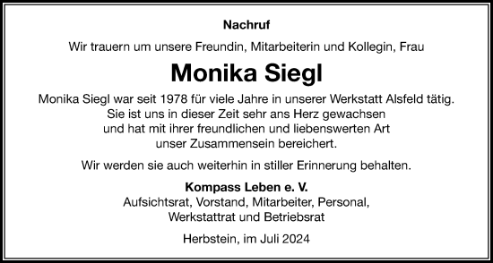 Traueranzeige von Monika Siegl von Oberhessische Zeitung