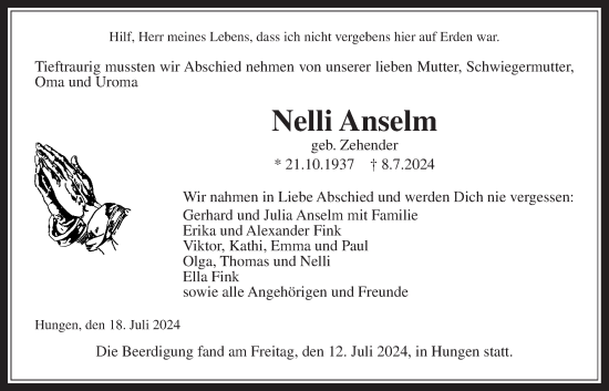 Traueranzeige von Nelli Anselm von Licher Wochenblatt