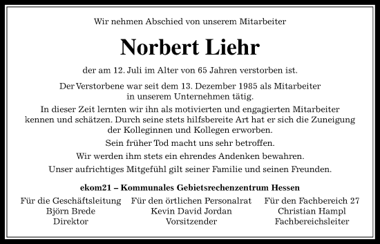 Traueranzeige von Norbert Liehr von Giessener Anzeiger, Giessener Allgemeine, Alsfelder Allgemeine