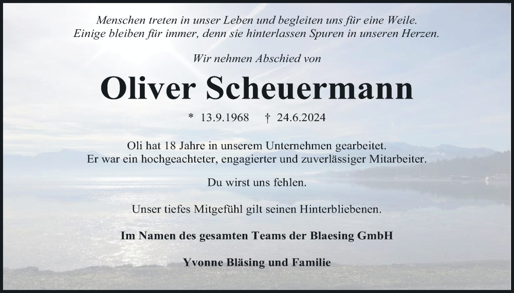  Traueranzeige für Oliver Scheuermann vom 06.07.2024 aus Kreis-Anzeiger