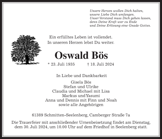 Traueranzeige von Oswald Bös von Usinger Anzeigenblatt