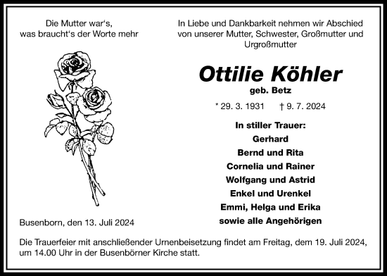 Traueranzeige von Ottilie Köhler von Kreis-Anzeiger
