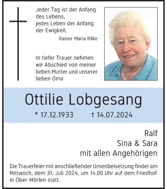 Traueranzeige von Ottilie Lobgesang von Wetterauer Zeitung