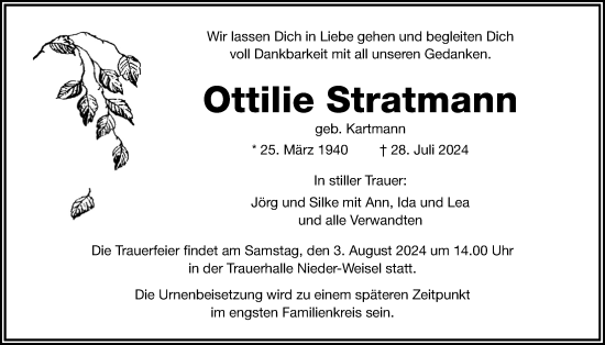 Traueranzeige von Ottilie Stratmann von Butzbacher Zeitung