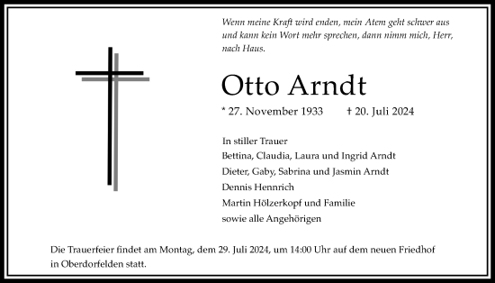 Traueranzeige von Otto Arndt von Bad Vilbel/Karben