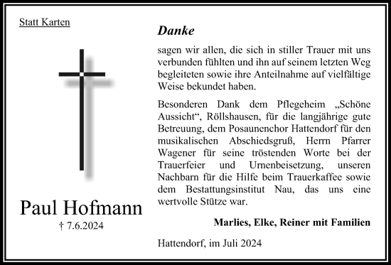 Traueranzeige von Paul Hofmann 