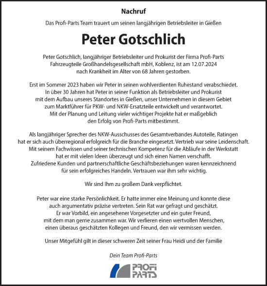 Traueranzeige von Peter Gotschlich von Giessener Anzeiger, Giessener Allgemeine, Alsfelder Allgemeine