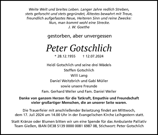 Traueranzeige von Peter Gotschlich von Giessener Anzeiger, Giessener Allgemeine, Alsfelder Allgemeine