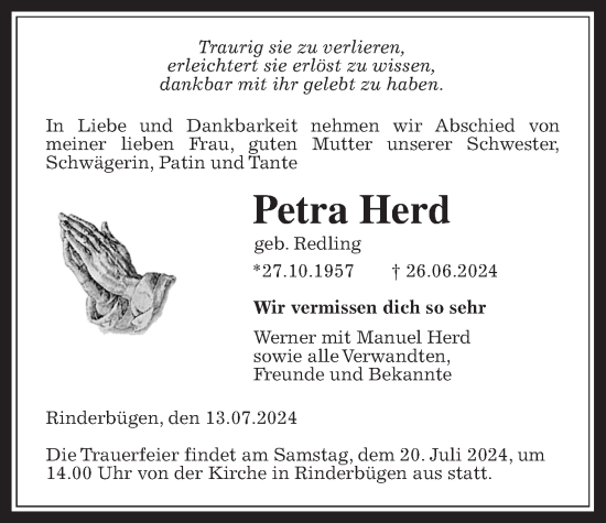 Traueranzeige von Petra Herd von Kreis-Anzeiger
