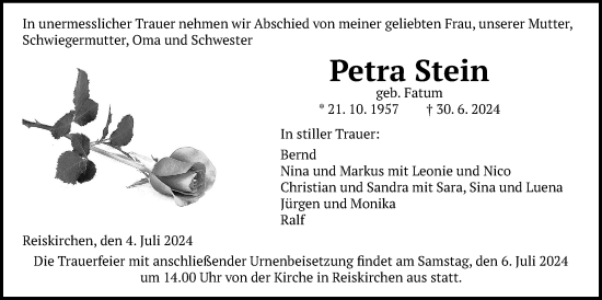 Traueranzeige von Petra Stein von Giessener Allgemeine, Alsfelder Allgemeine