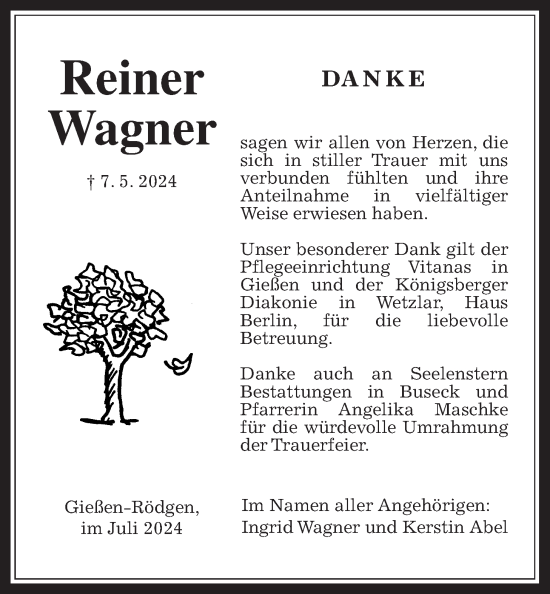 Traueranzeige von Reiner Wagner von Giessener Allgemeine, Alsfelder Allgemeine, Giessener Anzeiger