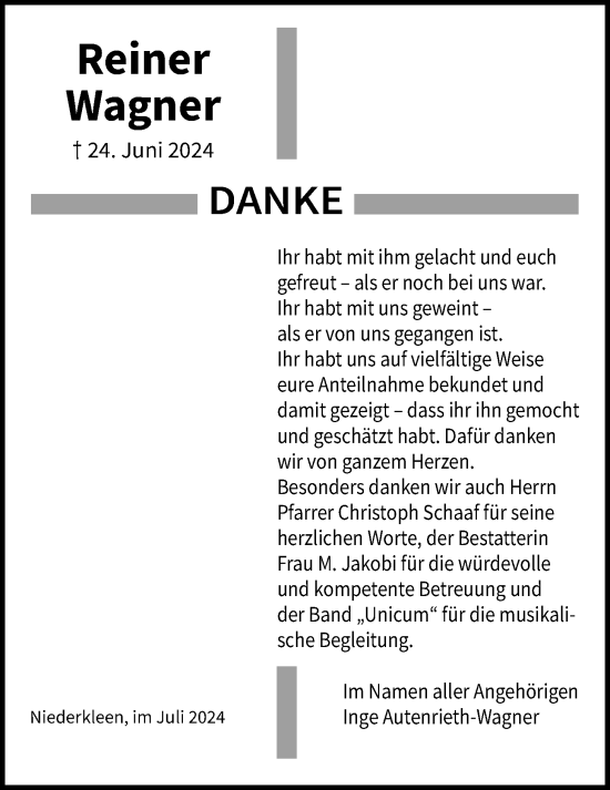 Traueranzeige von Reiner Wagner von Giessener Allgemeine, Alsfelder Allgemeine, Butzbacher Zeitung