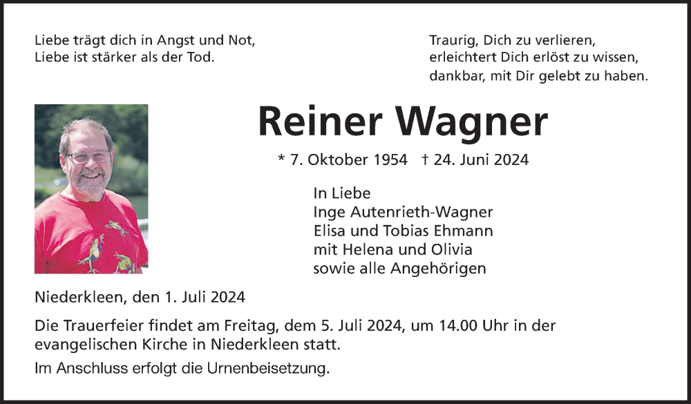  Traueranzeige für Reiner Wagner vom 01.07.2024 aus Butzbacher Zeitung