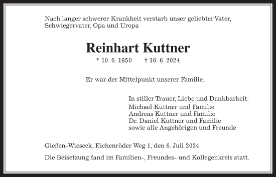 Traueranzeige von Reinhart Kuttner von Giessener Allgemeine, Alsfelder Allgemeine, Giessener Anzeiger