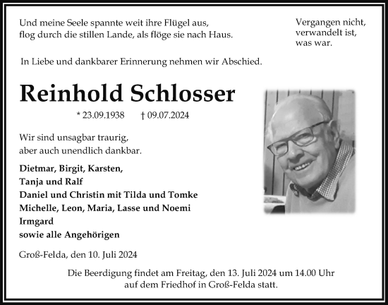 Traueranzeige von Reinhold Schlosser von Oberhessische Zeitung