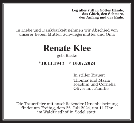 Traueranzeige von Renate Klee von Wetterauer Zeitung