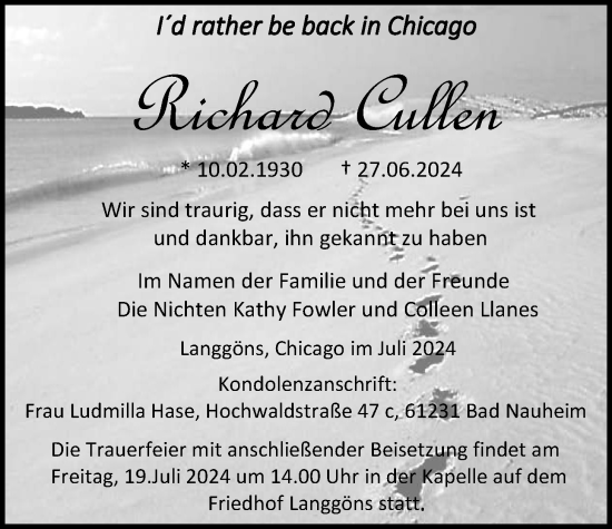 Traueranzeige von Richard Cullen von Giessener Allgemeine, Alsfelder Allgemeine