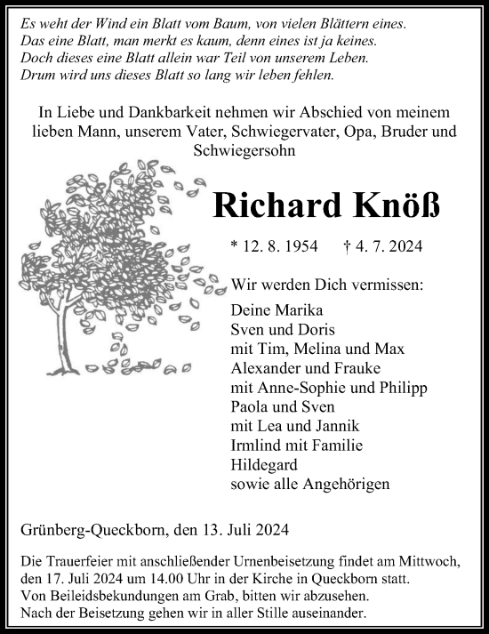 Traueranzeige von Richard Knöß von Giessener Allgemeine, Alsfelder Allgemeine