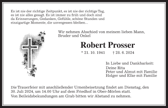 Traueranzeige von Robert Prosser von Wetterauer Zeitung