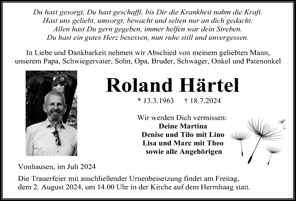  Traueranzeige für Roland Härtel vom 27.07.2024 aus Kreis-Anzeiger