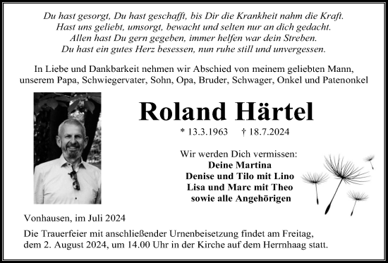 Traueranzeige von Roland Härtel von Kreis-Anzeiger