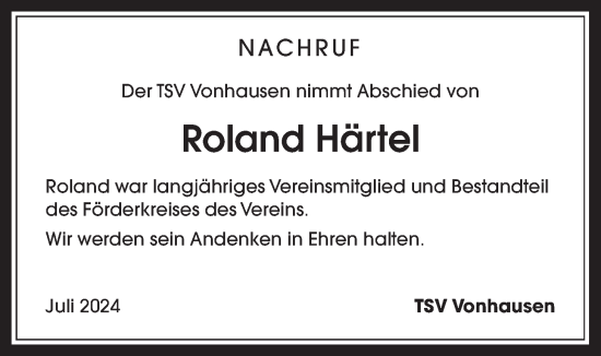 Traueranzeige von Roland Härtel von Kreis-Anzeiger