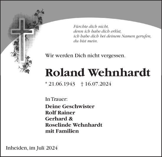 Traueranzeige von Roland Wehnhardt von Licher Wochenblatt