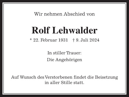Traueranzeige von Rolf Lehwalder von Usinger Anzeiger
