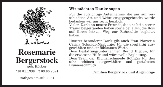 Traueranzeige von Rosemarie Bergerstock von Laubacher Anzeiger, Giessener Allgemeine, Alsfelder Allgemeine