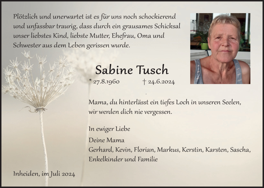  Traueranzeige für Sabine Tusch vom 11.07.2024 aus Licher Wochenblatt