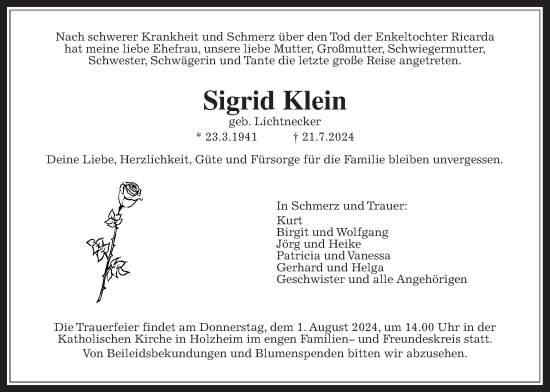 Traueranzeige von Sigrid Klein von Giessener Allgemeine, Alsfelder Allgemeine