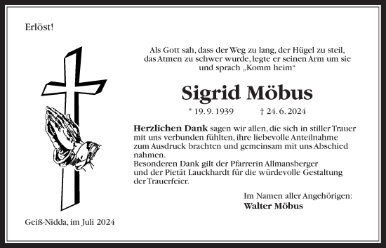 Traueranzeige von Sigrid Möbus von Kreis-Anzeiger