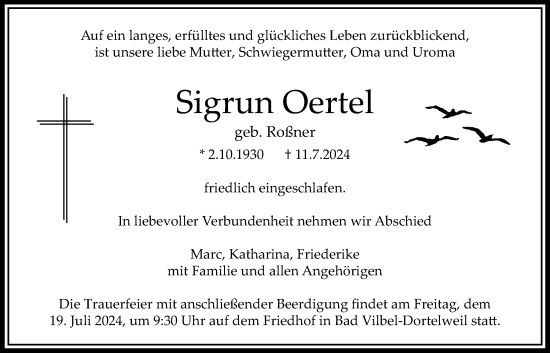Traueranzeige von Sigrun Oertel von Bad Vilbel/Karben