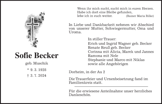 Traueranzeige von Sofie Becker von Wetterauer Zeitung