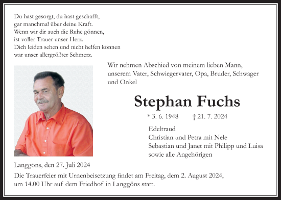 Traueranzeige von Stephan Fuchs von Giessener Allgemeine, Alsfelder Allgemeine