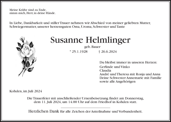 Traueranzeige von Susanne Helmlinger von Kreis-Anzeiger