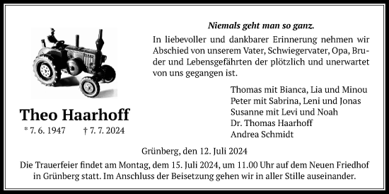 Traueranzeige von Theo Haarhoff von Giessener Allgemeine, Alsfelder Allgemeine, Giessener Anzeiger