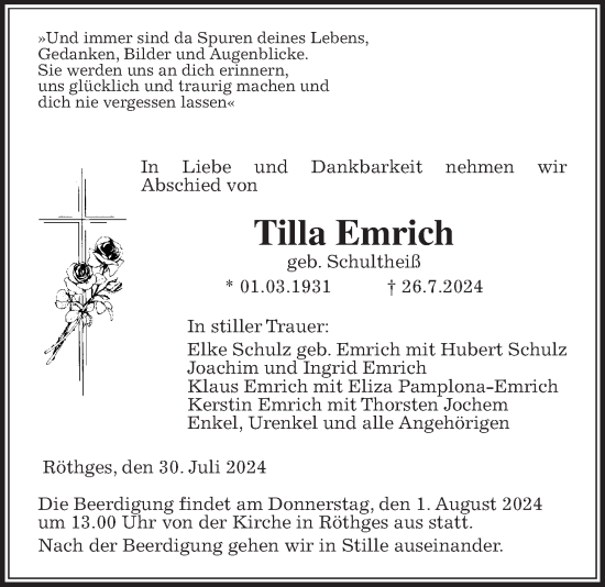 Traueranzeige von Tilla Emrich von Giessener Allgemeine, Alsfelder Allgemeine, Laubacher Anzeiger
