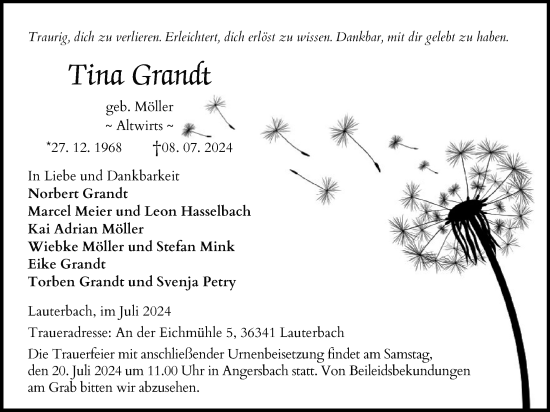 Traueranzeige von Tina Grandt von Lauterbacher Anzeiger