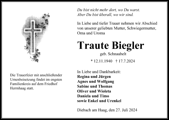 Traueranzeige von Traute Biegler von Kreis-Anzeiger