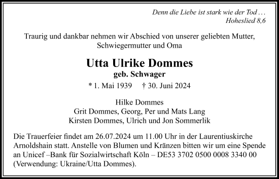 Traueranzeige von Utta Ulrike Dommes von Usinger Anzeiger