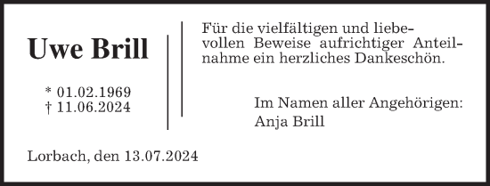 Traueranzeige von Uwe Brill von Kreis-Anzeiger