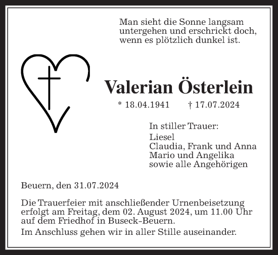 Traueranzeige von Valerian Österlein von Giessener Allgemeine, Alsfelder Allgemeine, Giessener Anzeiger