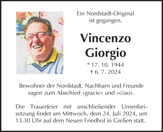 Traueranzeige von Vincenzo Giorgio von Giessener Anzeiger, Giessener Allgemeine, Alsfelder Allgemeine