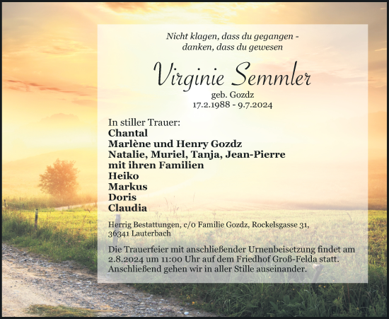 Traueranzeige von Virginie Semmler von Oberhessische Zeitung