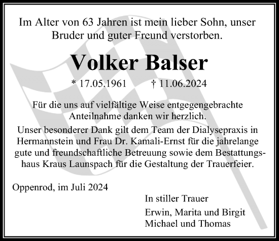 Traueranzeige von Volker Balser von Giessener Allgemeine, Alsfelder Allgemeine, Giessener Anzeiger