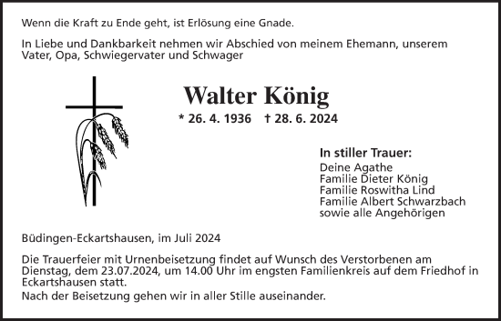 Traueranzeige von Walter König von Kreis-Anzeiger