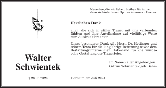 Traueranzeige von Walter Schwientek von Wetterauer Zeitung