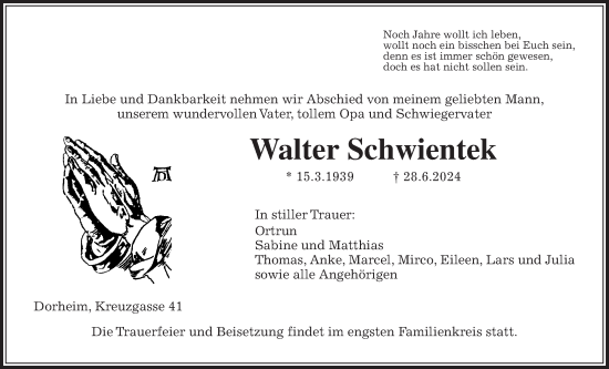 Traueranzeige von Walter Schwientek von Wetterauer Zeitung